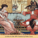 Color illustration from La Belle et la Bête showing a young woman in a pink gown seated on an ornate sofa opposite a beast-like figure dressed in red period clothing. The pair sit in an elaborately decorated room with a tea service on a small table between them.