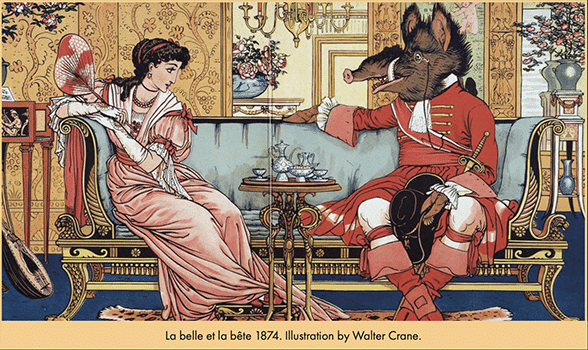 Color illustration from La Belle et la Bête showing a young woman in a pink gown seated on an ornate sofa opposite a beast-like figure dressed in red period clothing. The pair sit in an elaborately decorated room with a tea service on a small table between them.