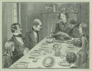 Vintage engraved illustration of a family seated around a dining table as a standing figure carves a roasted holiday bird. Plates and serving dishes are arranged on the table while children and adults gather for a Christmas meal in a modest Victorian-era home.
