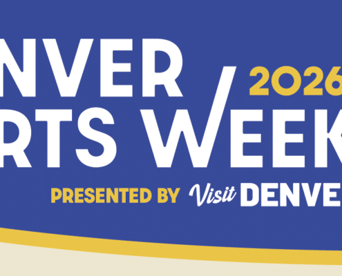 Denver Arts Week 2026 promotional graphic featuring large white text on a blue background reading “Denver Arts Week 2026,” with “Presented by Visit Denver” below. Abstract shapes in orange, yellow, teal, navy, and cream frame the design.