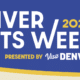 Denver Arts Week 2026 promotional graphic featuring large white text on a blue background reading “Denver Arts Week 2026,” with “Presented by Visit Denver” below. Abstract shapes in orange, yellow, teal, navy, and cream frame the design.