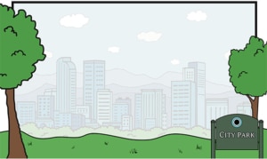 Coloring-page illustration of a city park with two large trees framing a grassy lawn, a skyline of tall buildings in the background, and mountains on the horizon beneath a cloudy sky. A park sign on the right reads “CITY PARK” and includes a pigeon-eye graphic matching the character from Don't Let the Pigeon Drive the Bus!.