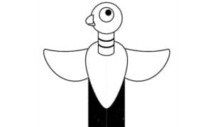 Hand puppet template shaped like Mo Willems’ pigeon character, shown from the front with wings extended. The black-and-white illustration features a large circular eye, long striped neck, rounded wings, and a tab beneath the body for attaching to a paper bag or craft stick.