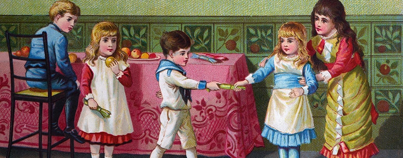 Victorian Christmas card showing four children gathered around a decorated table beneath a banner reading “Compliments of the Season.” Two children pull a Christmas cracker while another sits on a chair and a fourth stands nearby. Broken cracker contents and toys are scattered on the floor, with greenery garlands and red bows decorating the room.