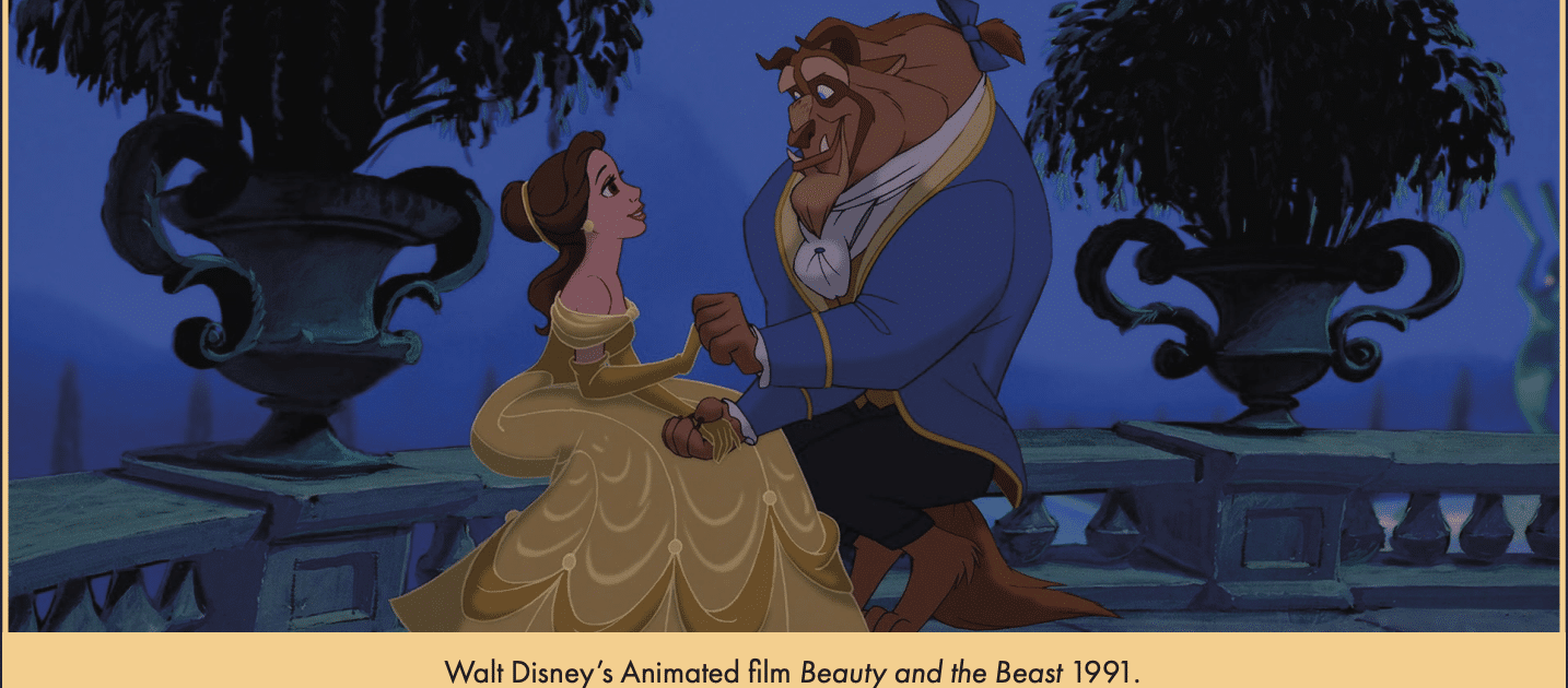 Animated scene from Disney’s Beauty and the Beast showing Belle in a gold ball gown dancing with the Beast in a blue formal coat on a moonlit terrace flanked by large decorative planters.